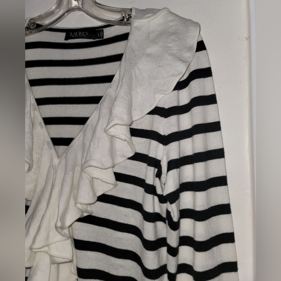 Lauren Ralph Lauren Ivory Polo Black Striped Ruffle Trim Cardigan Size Large - Picture 4 of 16
